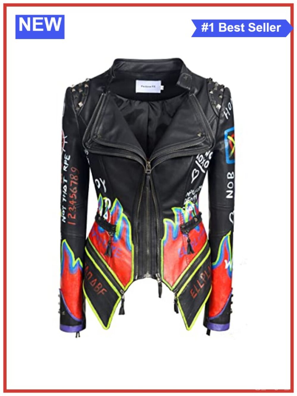 Women's Faux Leather Moto Jacket Studded Graffiti Punk Biker Coat